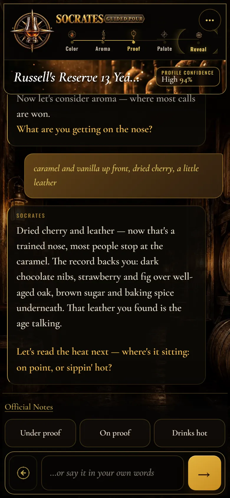 The proof stage: Socrates confirms the nose against the record, then asks how the proof reads