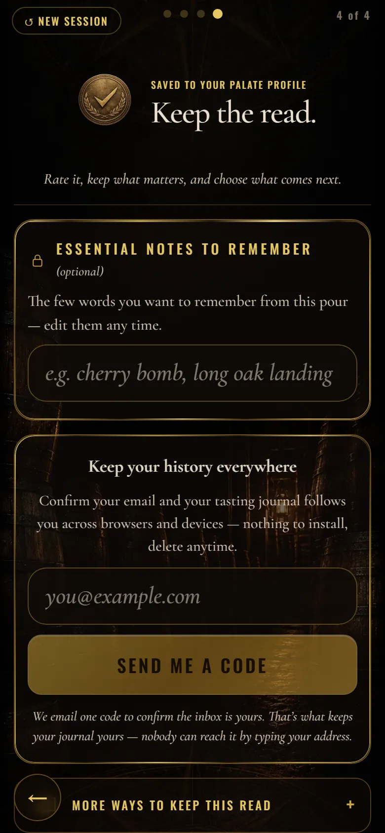 Keep the read: notes, your palate rank, top pours, and the entry saved to your Palate Journal